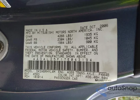 2007 Mitsubishi Eclipse Spyder Gs z USA, uszkodzony, nr VIN 4A3AL25F17E043194